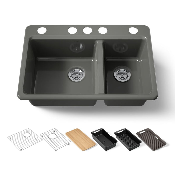 KOHLER K-8669-5UPC Riverby 33" undermount double-bowl workstation kitchen sink, thunder grey - view 5