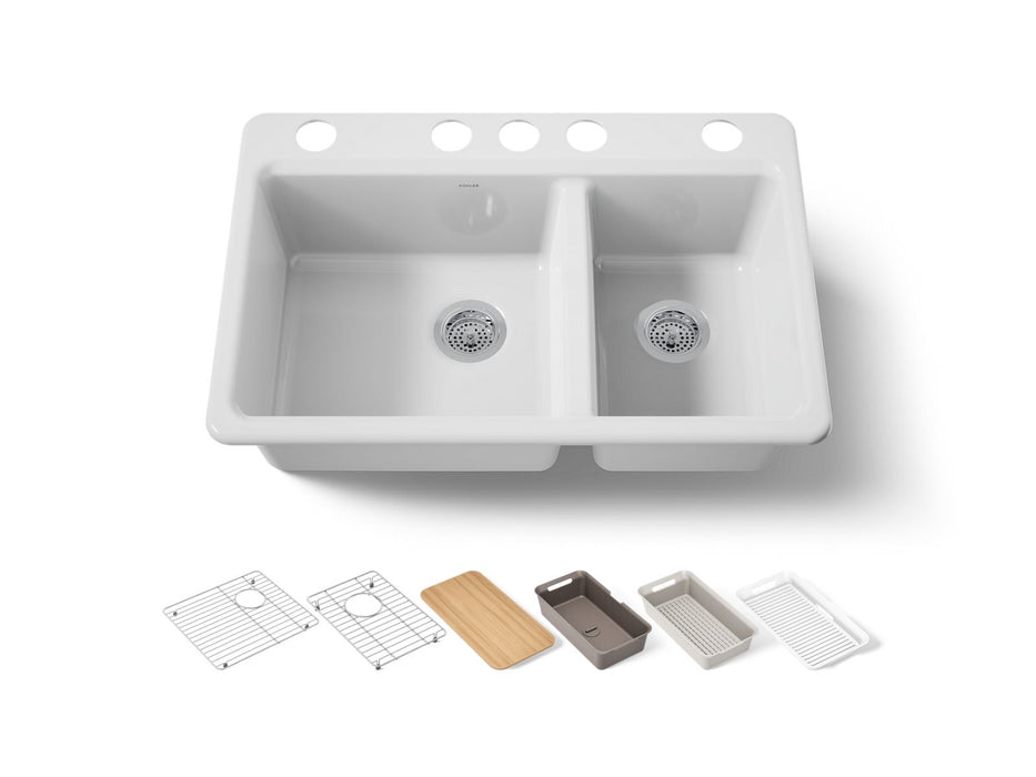 KOHLER K-8669-5UPC Riverby 33" undermount double-bowl workstation kitchen sink, white