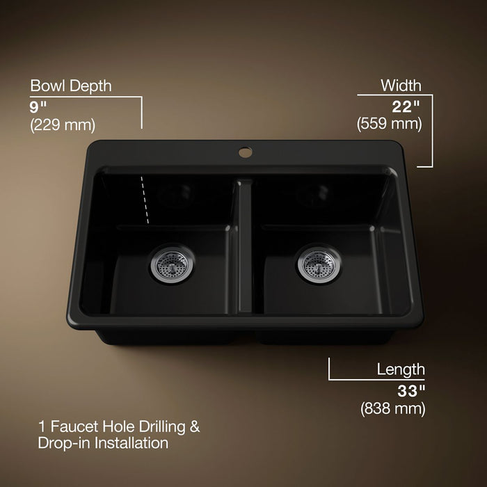 KOHLER K-8679-1A1 Riverby 33" top-mount double-bowl kitchen sink, black black - view 3