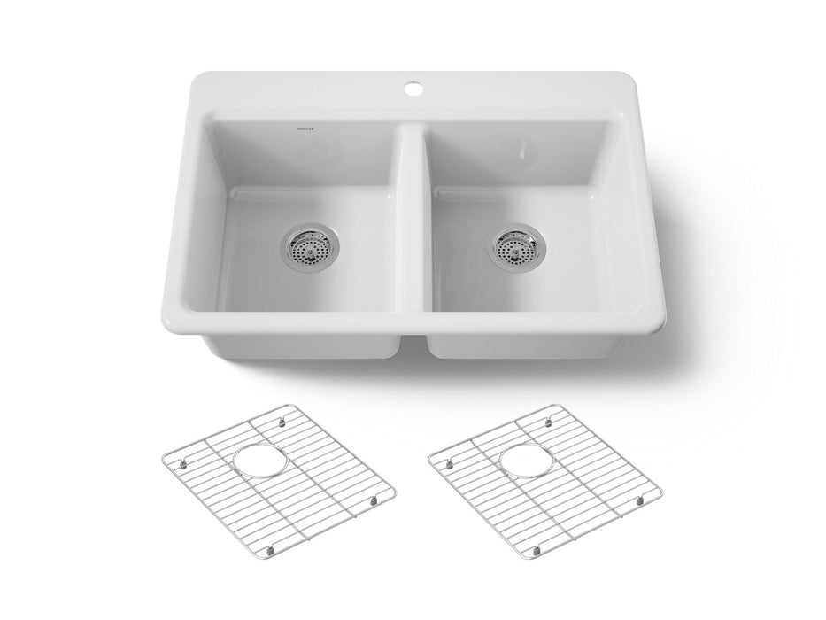 KOHLER K-8679-1A1 Riverby 33" top-mount double-bowl kitchen sink, white