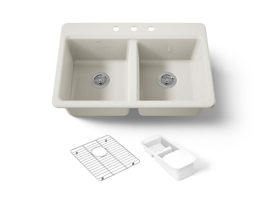 KOHLER K-8679-3A2 Riverby 33" top-mount double-bowl workstation kitchen sink, biscuit
