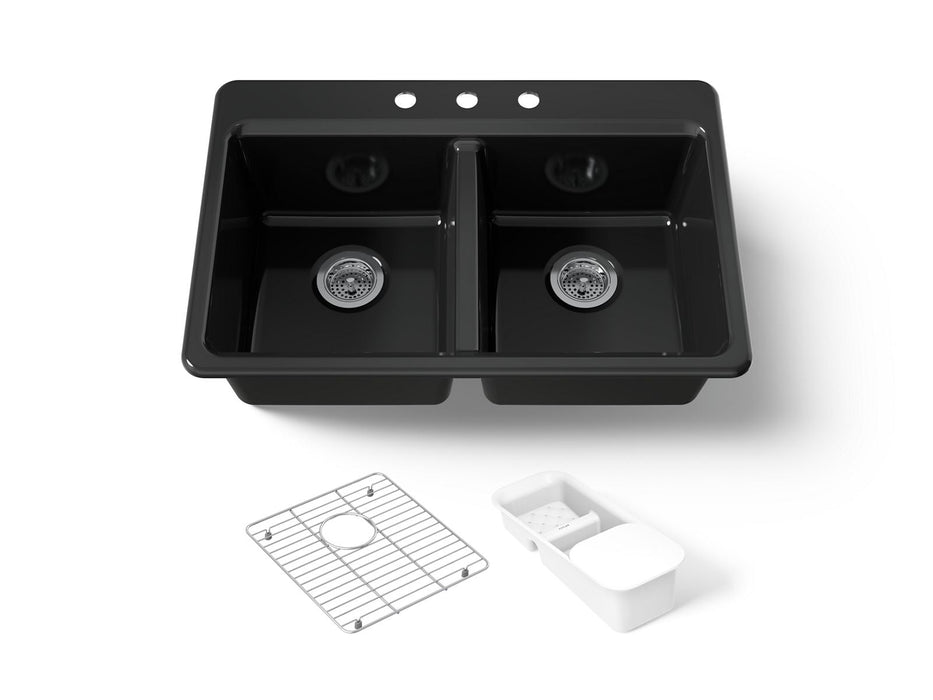 KOHLER K-8679-3A2 Riverby 33" top-mount double-bowl workstation kitchen sink, black black