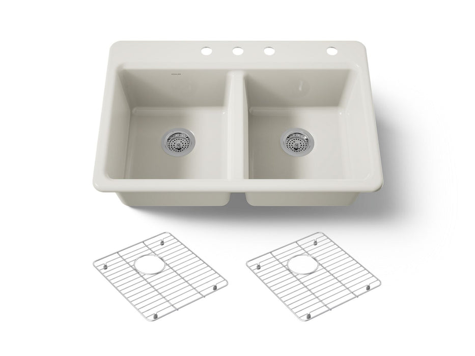 KOHLER K-8679-4A1 Riverby 33" top-mount double-bowl kitchen sink, biscuit