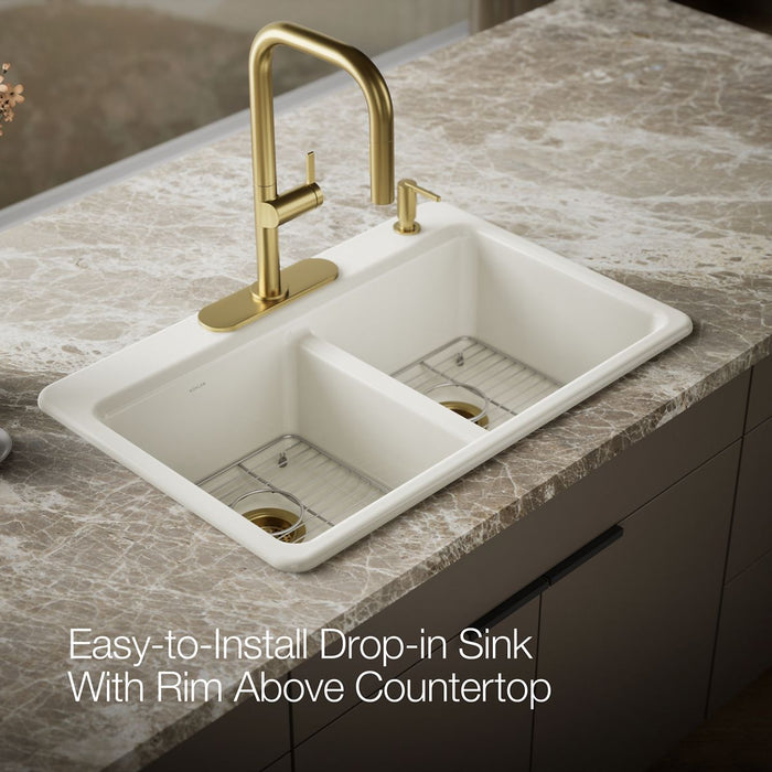 KOHLER K-8679-4A1 Riverby 33" top-mount double-bowl kitchen sink, biscuit - view 3