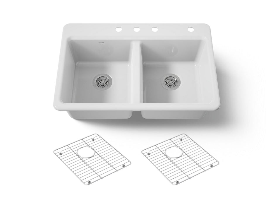 KOHLER K-8679-4A1 Riverby 33" top-mount double-bowl kitchen sink, white