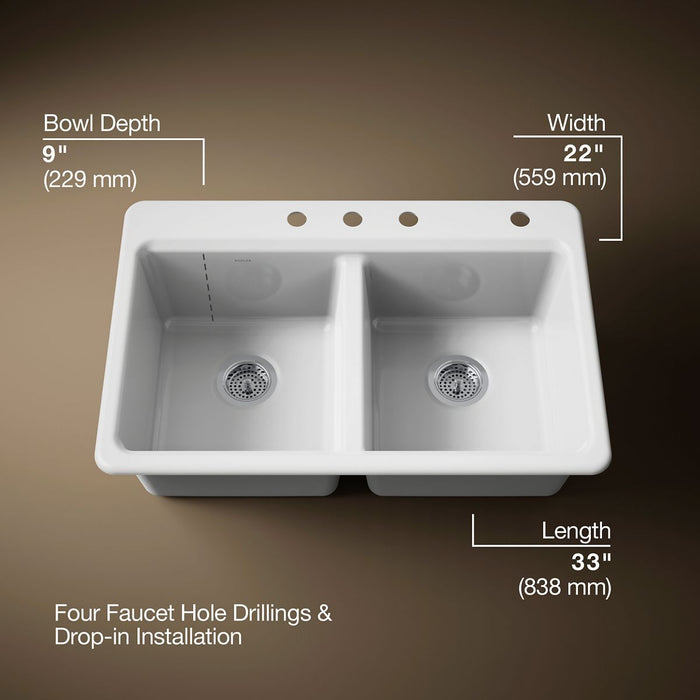 KOHLER K-8679-4A1 Riverby 33" top-mount double-bowl kitchen sink, white - view 3