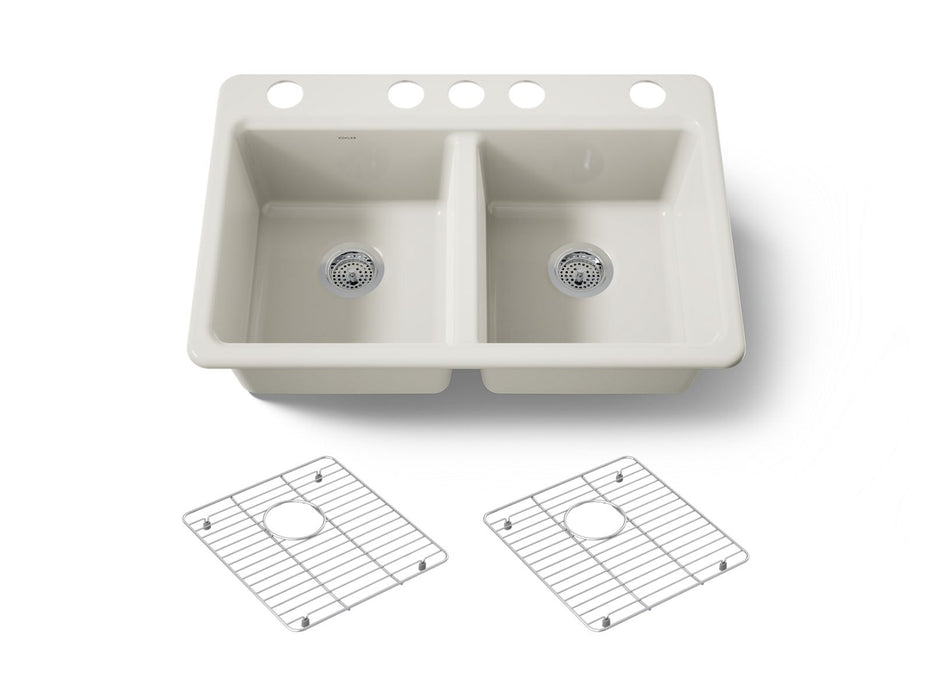 KOHLER K-8679-5UA1 Riverby 33" undermount double-bowl kitchen sink, biscuit