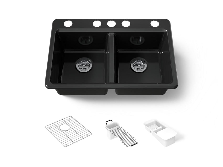 KOHLER K-8679-5UA3 Riverby 33" undermount double-bowl workstation kitchen sink, black black