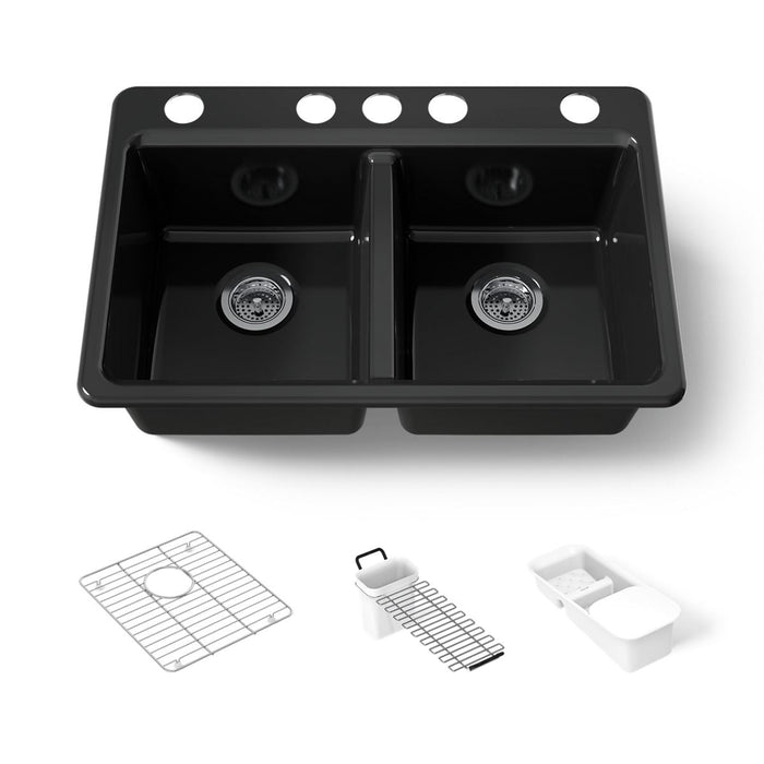 KOHLER K-8679-5UA3 Riverby 33" undermount double-bowl workstation kitchen sink, black black - view 5