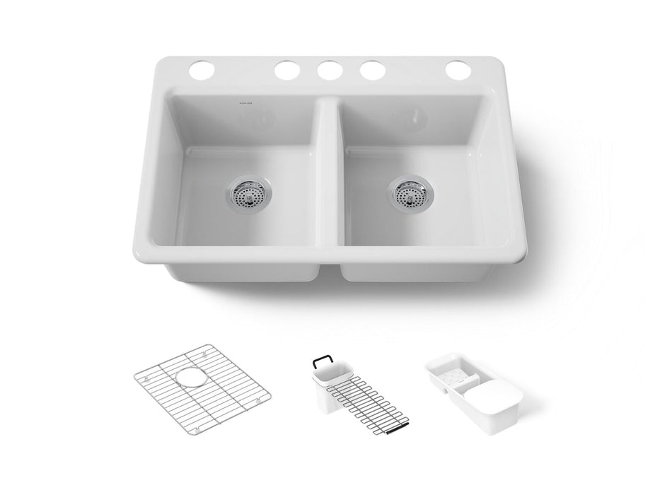 KOHLER K-8679-5UA3 Riverby 33" undermount double-bowl workstation kitchen sink, white