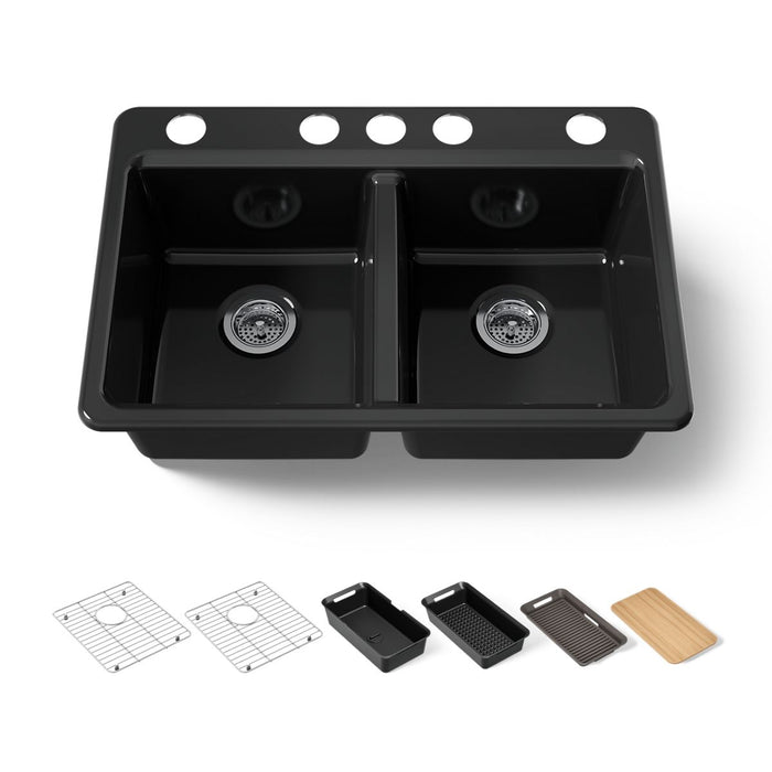 KOHLER K-8679-5UPC Riverby 33" undermount double-bowl workstation kitchen sink, black black - view 5