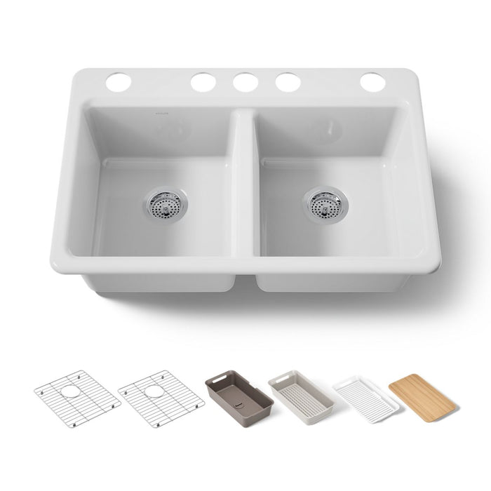 KOHLER K-8679-5UPC Riverby 33" undermount double-bowl workstation kitchen sink, white - view 5