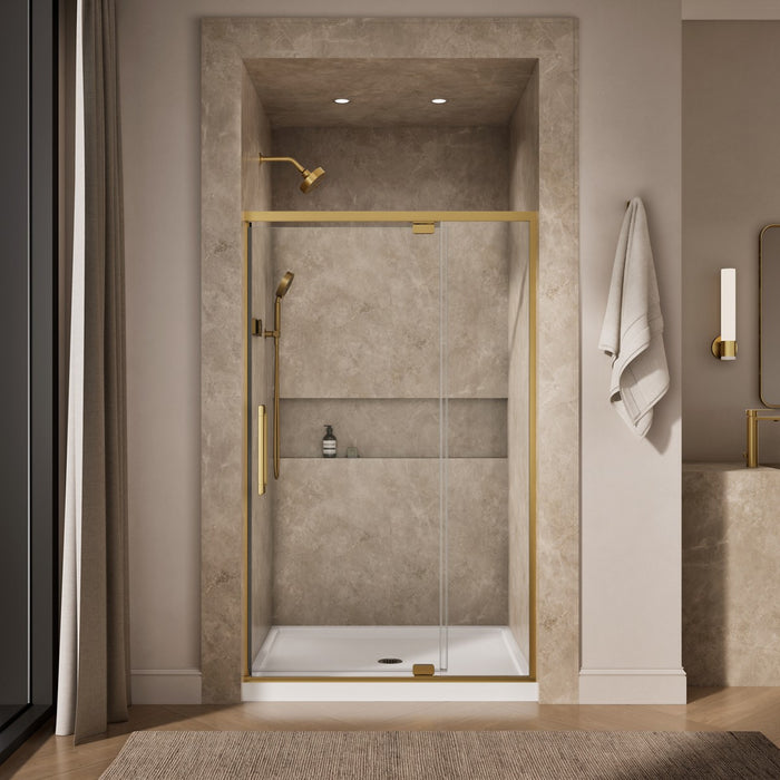 KOHLER K-CA37595-8L Statement 76" H pivot shower door with 5/16"-thick glass, vibrant brushed moderne brass - view 3