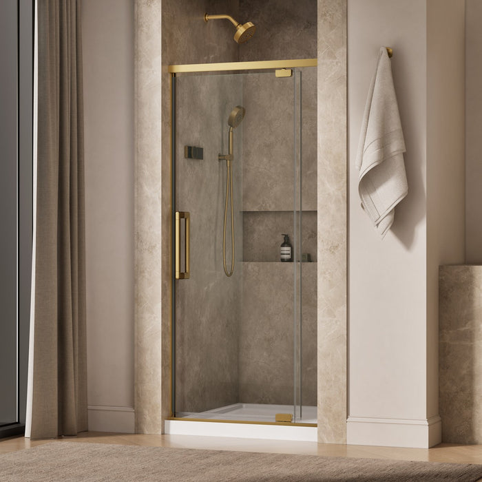 KOHLER K-CA37598-8L Statement 76" H pivot shower door with 5/16"-thick glass, vibrant brushed moderne brass - view 2