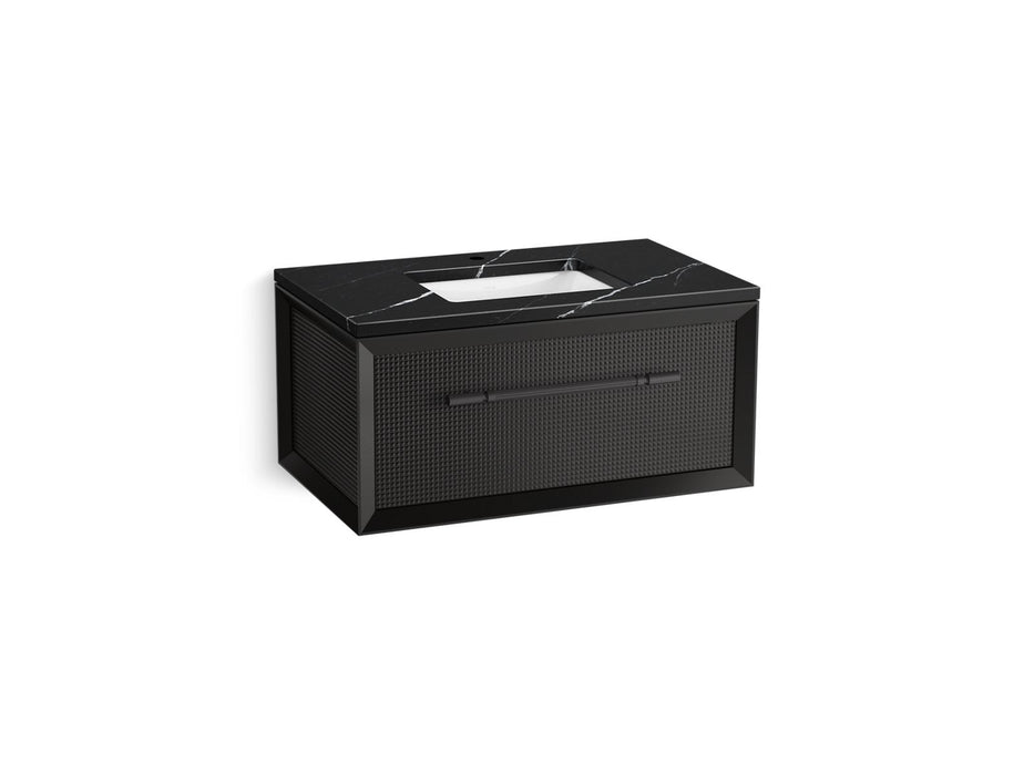 KOHLER K-CM33562-BD10 Enivo 36" Wall-hung Bathroom Vanity Cabinet with Sink and Quartz Top, Gloss Black - 3/4 view of product