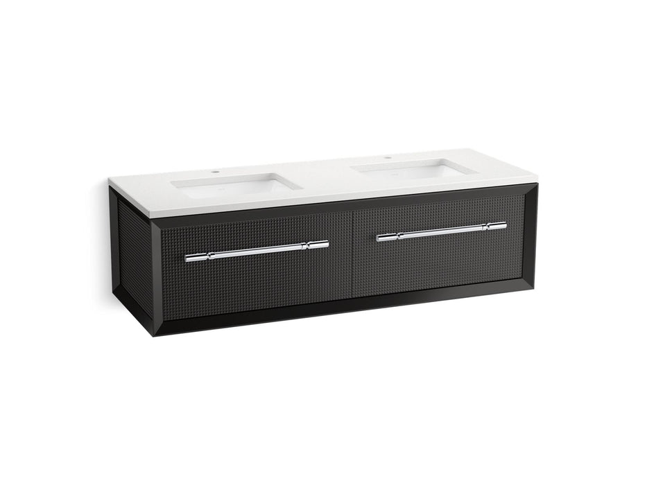 KOHLER K-CM33563-BD11 Enivo 60" Wall-hung Bathroom Vanity Cabinet with Sinks and Quartz Top, Gloss Black - 3/4 view of produc