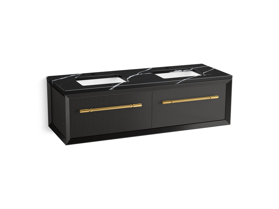 KOHLER K-CM33563-BD11 Enivo 60" Wall-hung Bathroom Vanity Cabinet with Sinks and Quartz Top, Gloss Black - 3/4 view of produc