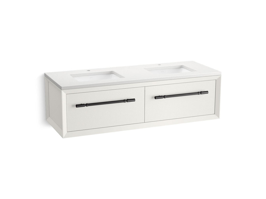 KOHLER K-CM33563-BD11 Enivo 60" Wall-hung Bathroom Vanity Cabinet with Sinks and Quartz Top, White - 3/4 view of product