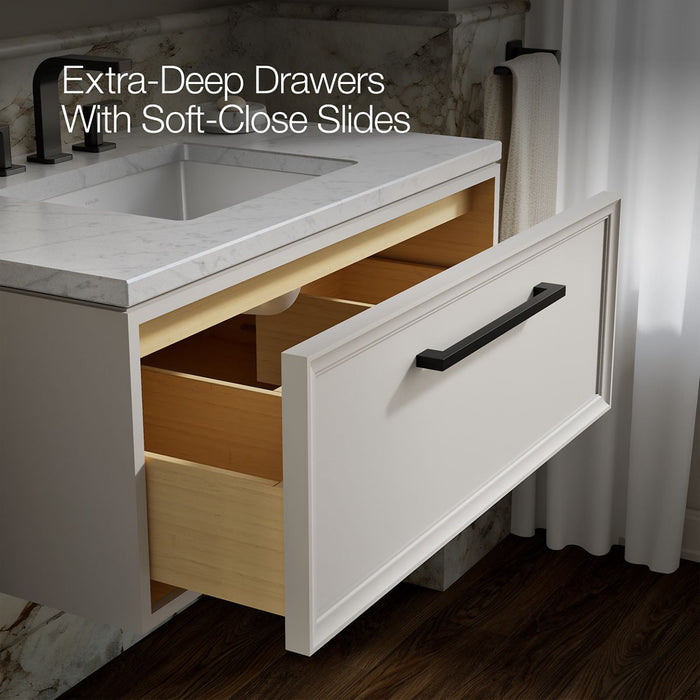 KOHLER K-CM33566-BD22 Lodern 36" Wall-hung Bathroom Vanity Cabinet with Sink and Quartz Top, Linen White - Shows close up det