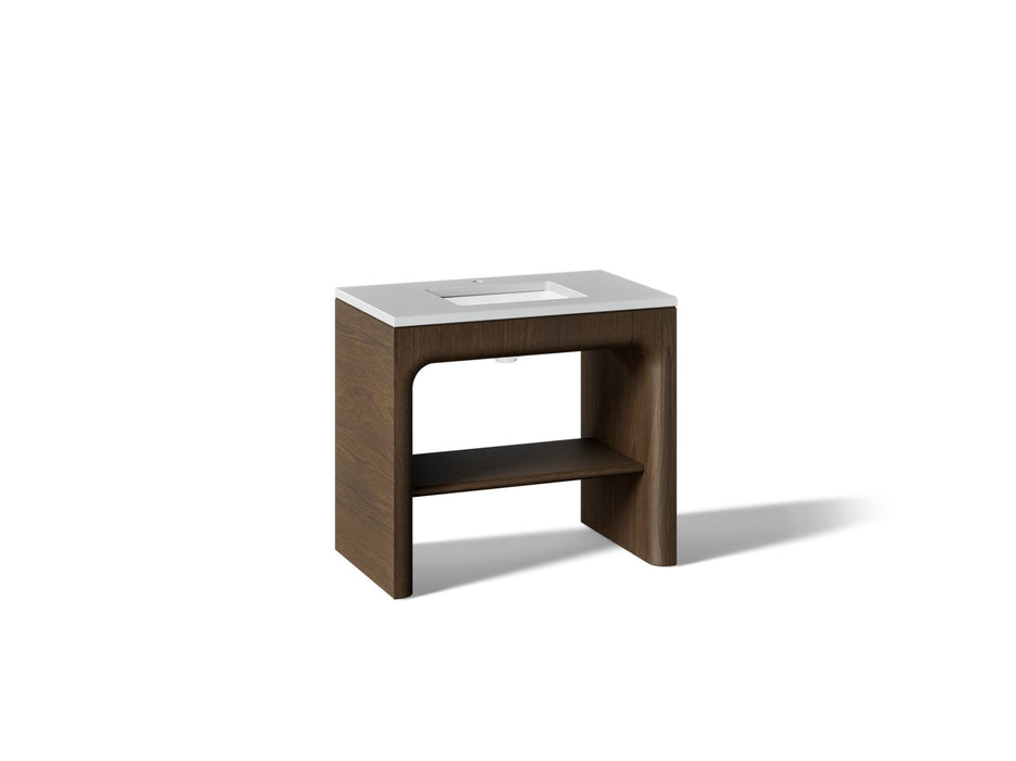 KOHLER K-CM39272-BD1 Statement 36" Console-style Bathroom Vanity Set with Sink and Quartz Top, Draper Oak - 3/4 view of produ