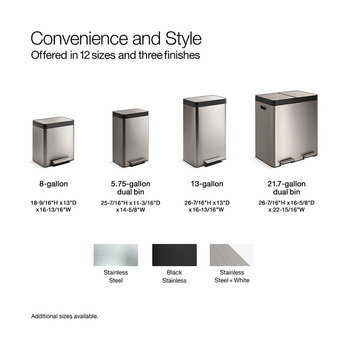 KOHLER K-REC35844 13-gallon Curved Step Trash Can, black stainless