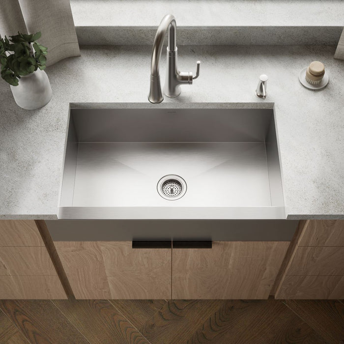 KOHLER K-RH20910 Lyric 34" Undermount Single-bowl Farmhouse Kitchen Sink, Stainless Steel - Shows close up detail of product 