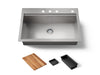 KOHLER K-RH23374-4PC Lyric Workstation 33" Top-/undermount Single-bowl Kitchen Sink, Stainless Steel - 3/4 view of product