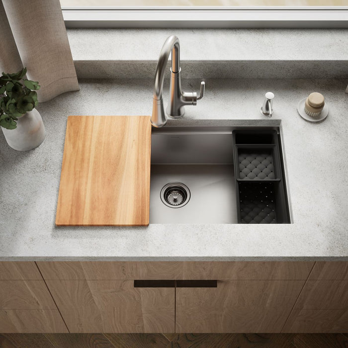 KOHLER K-RH23374-4PC Lyric Workstation 33" Top-/undermount Single-bowl Kitchen Sink, Stainless Steel - Shows close up detail 