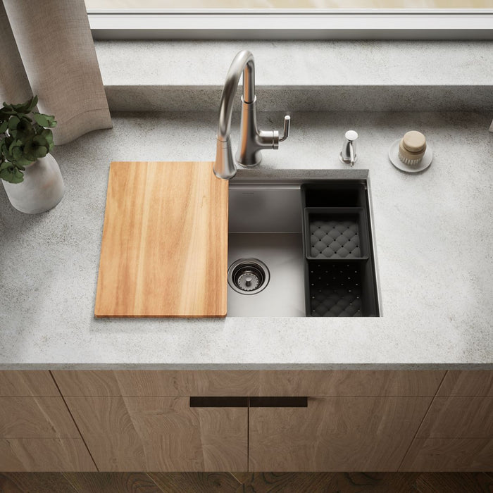 KOHLER K-RH23375-4PC Lyric Workstation 27" Top-/undermount Single-bowl Kitchen Sink, Stainless Steel - Shows close up detail 