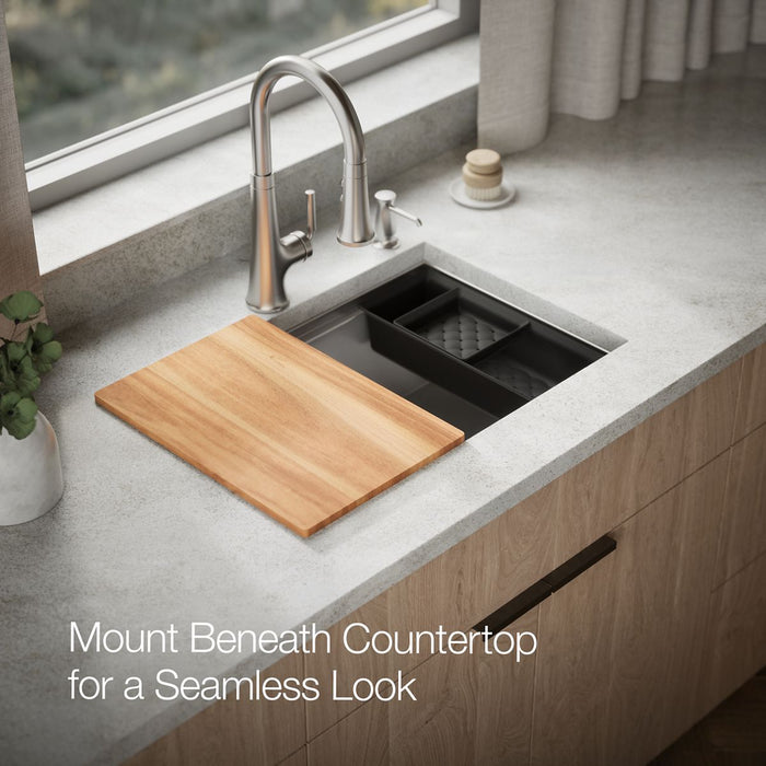 KOHLER K-RH23375-4PC Lyric Workstation 27" Top-/undermount Single-bowl Kitchen Sink, Stainless Steel - image focused on singl