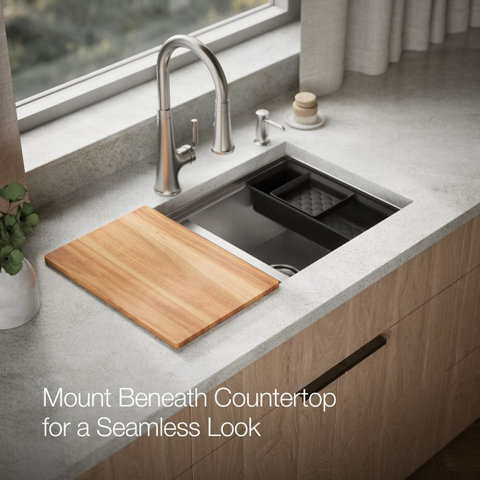 KOHLER K-RH23376-4PC Lyric Workstation 33" Top-/undermount Double-bowl Kitchen Sink, Stainless Steel - image focused on singl