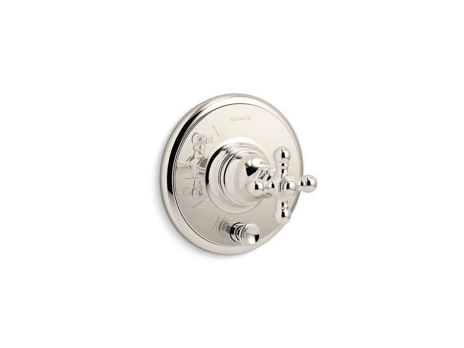 KOHLER K-T72768-3 Artifacts Rite-Temp valve trim with push-button diverter and cross handle, vibrant polished nickel