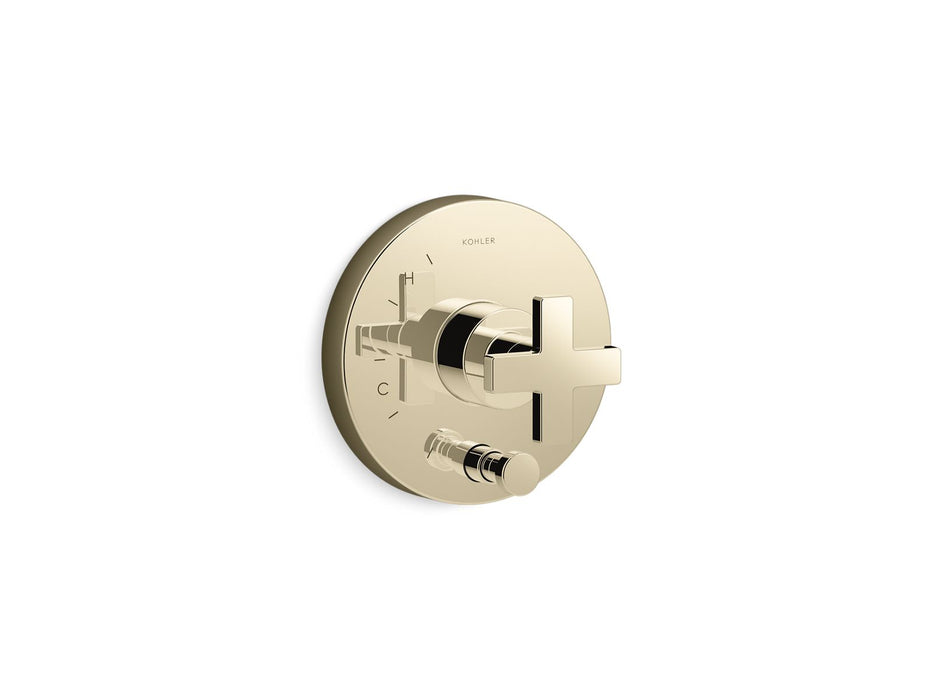 KOHLER K-T73117-3 Composed Rite-Temp valve trim with push-button diverter and cross handle, vibrant french gold