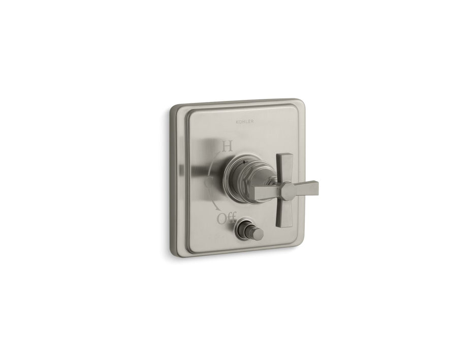 KOHLER K-T98757-3A Pinstripe Rite-Temp valve trim with push-button diverter and cross handle, vibrant brushed nickel