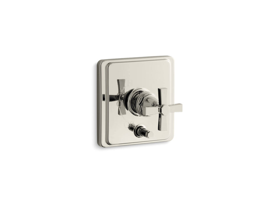KOHLER K-T98757-3A Pinstripe Rite-Temp valve trim with push-button diverter and cross handle, vibrant polished nickel