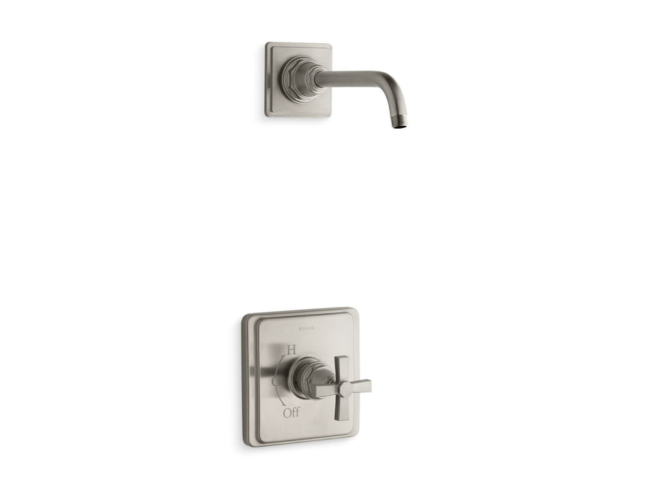KOHLER K-TLS13134-3A Pinstripe Rite-Temp shower trim kit with cross handle, without showerhead, vibrant brushed nickel