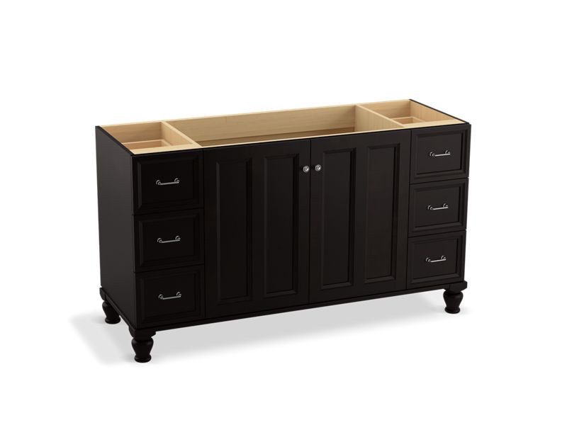 KOHLER K-99523-LGSD-1WU Damask 60" bathroom vanity cabinet with furniture legs, 2 doors and 6 drawers, split top drawers