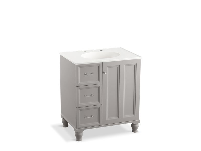 KOHLER K-99517-LGL-1WT Damask 30" bathroom vanity cabinet with furniture legs, 1 door and 3 drawers on left