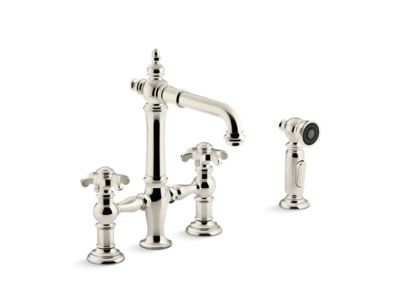 KOHLER K-76520-3M Artifacts Deck-mount bridge bar sink faucet with prong handles and sidespray