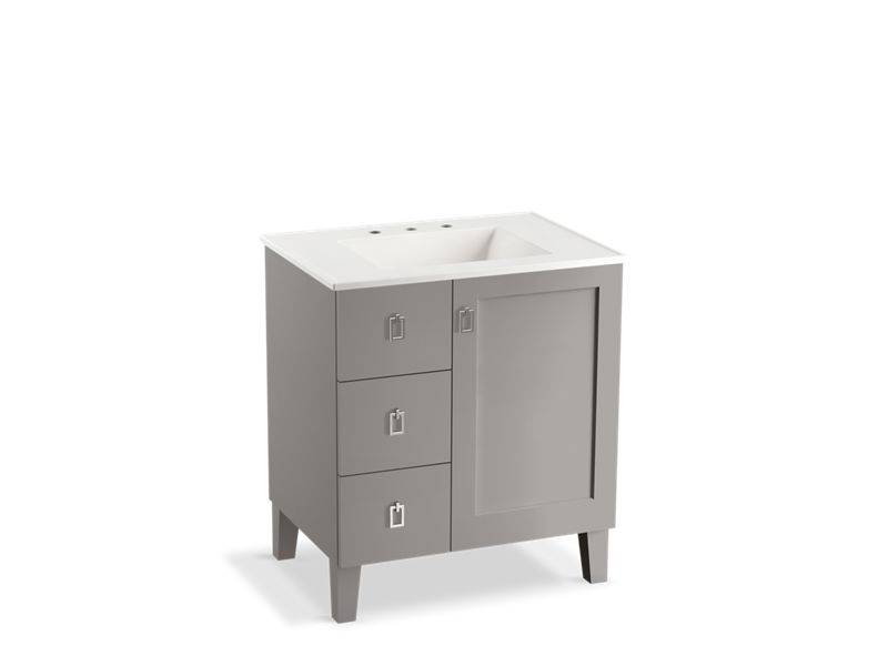 KOHLER K-99530-LGL-1WT Poplin 30" bathroom vanity cabinet with legs, 1 door and 3 drawers on left