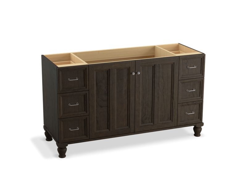 KOHLER K-99523-LGSD-1WC Damask 60" bathroom vanity cabinet with furniture legs, 2 doors and 6 drawers, split top drawers