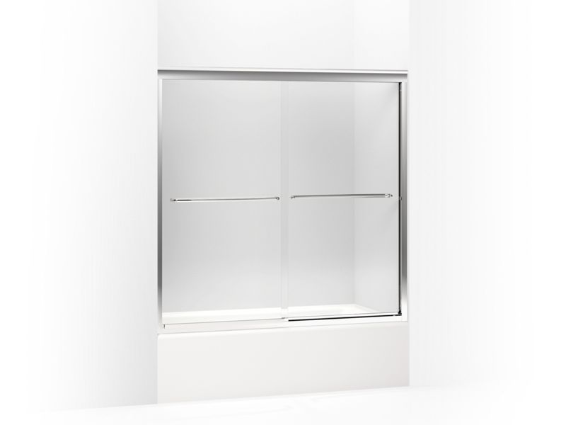 KOHLER 702200-L-SHP Fluence Sliding Bath Door, 58-5/16" H X 56-5/8 - 59-5/8" W, With 1/4" Thick Crystal Clear Glass in Bright Polished Silver