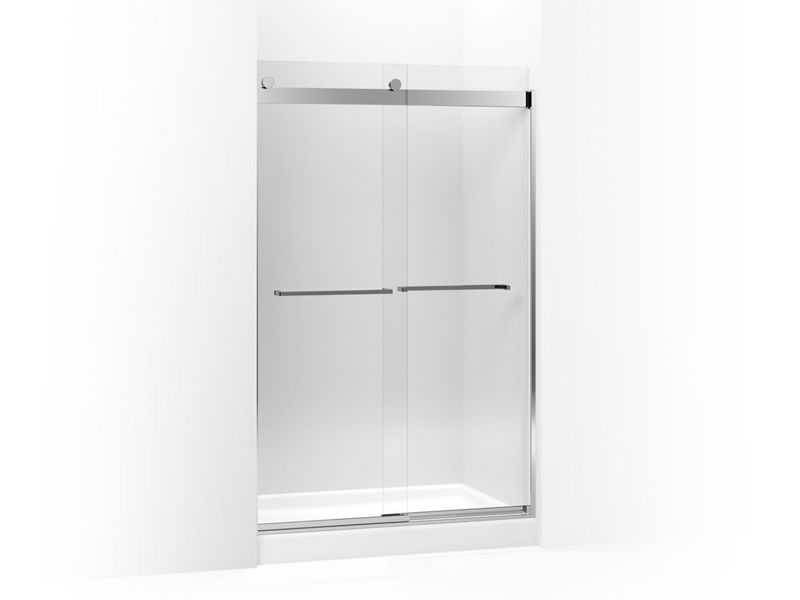 KOHLER 706016-L-SHP Levity Sliding Shower Door, 74" H X 44-5/8 - 47-5/8" W, With 3/8" Thick Crystal Clear Glass And Square Towel Bar in Bright Polished Silver