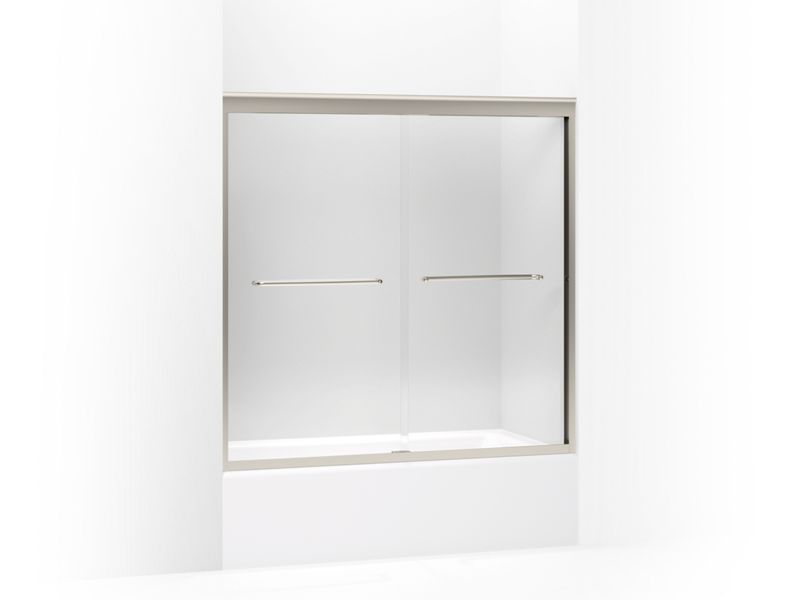 KOHLER 702205-L-NX Fluence Sliding Bath Door, 58-5/16" H X 56-5/8 - 59-5/8" W, With 3/8" Thick Crystal Clear Glass in Brushed Nickel