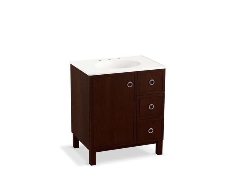 KOHLER K-99504-LGR-1WG Jacquard 30" bathroom vanity cabinet with furniture legs, 1 door and 3 drawers on right