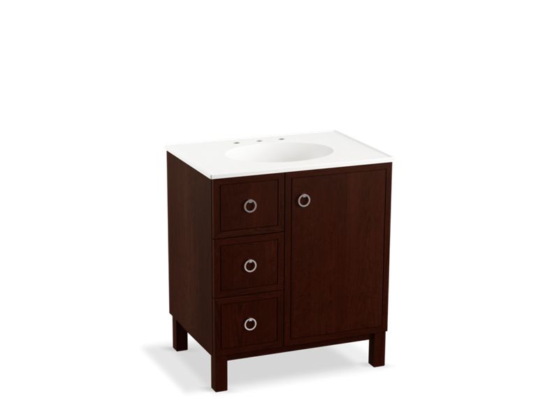 KOHLER K-99504-LGL-1WG Jacquard 30" bathroom vanity cabinet with furniture legs, 1 door and 3 drawers on left