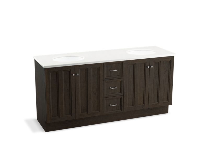 KOHLER K-99525-TKSD-1WC Damask 72" bathroom vanity cabinet with toe kick, 4 doors and 3 drawers, split top drawer