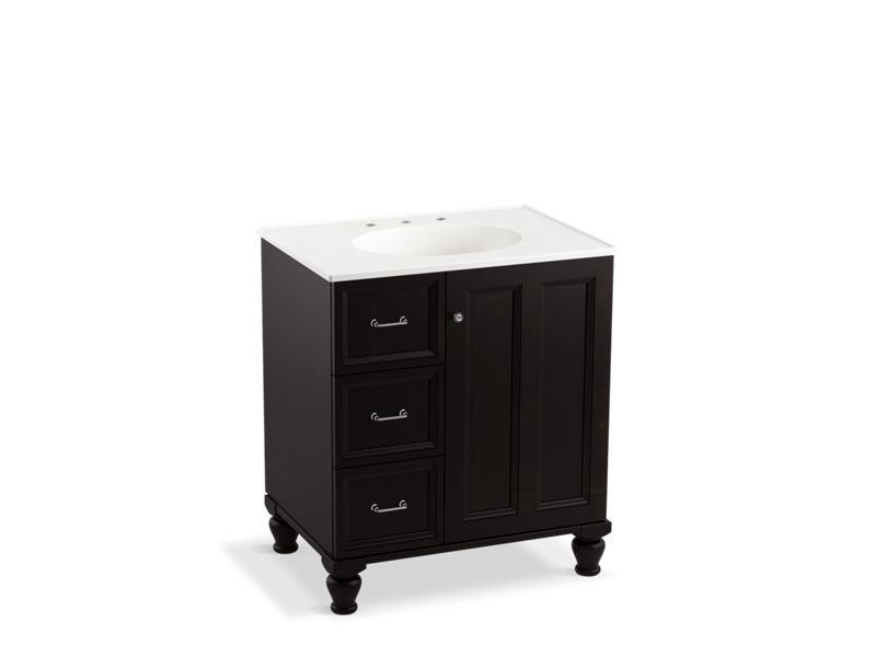 KOHLER K-99517-LGL-1WU Damask 30" bathroom vanity cabinet with furniture legs, 1 door and 3 drawers on left