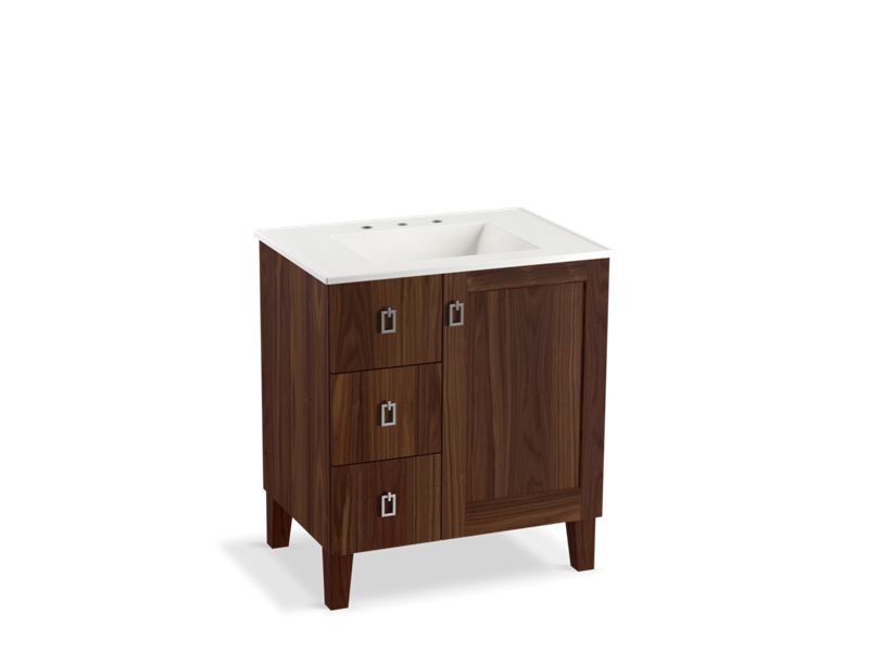 KOHLER K-99530-LGL-1WE Poplin 30" bathroom vanity cabinet with legs, 1 door and 3 drawers on left
