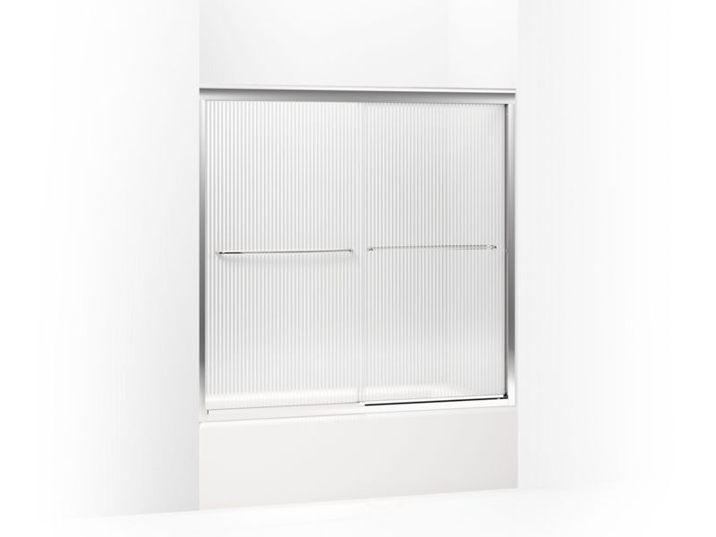 KOHLER 702200-G54-SHP Fluence Sliding Bath Door, 58-5/16" H X 56-5/8 - 59-5/8" W, With 1/4" Thick Falling Lines Glass in Bright Polished Silver